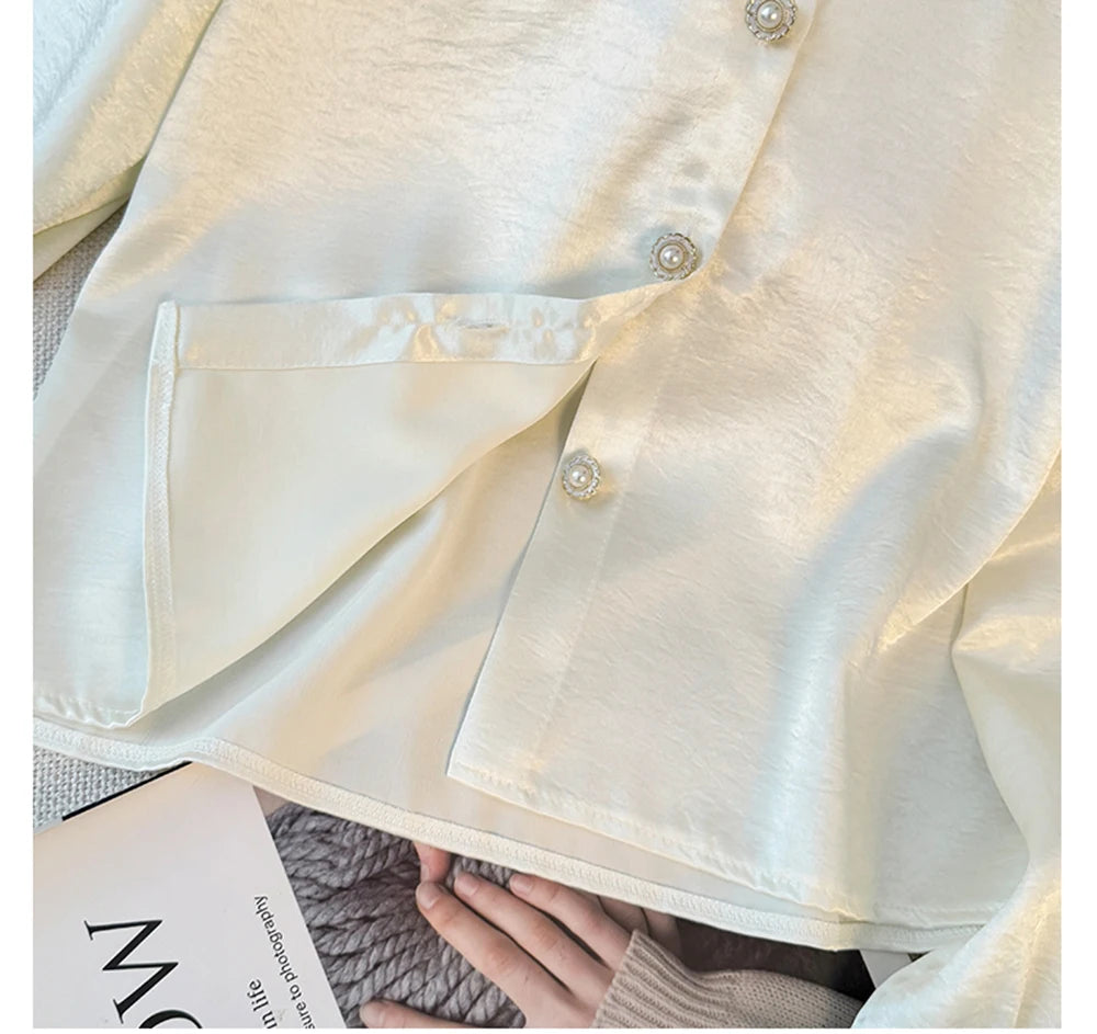 Hnewly  Elegant Satin Spliced Lace Shirt Women French Style Summer 2025 Doll Collar Pearl Single Breasted Light Luxury Long Sleeve Tops