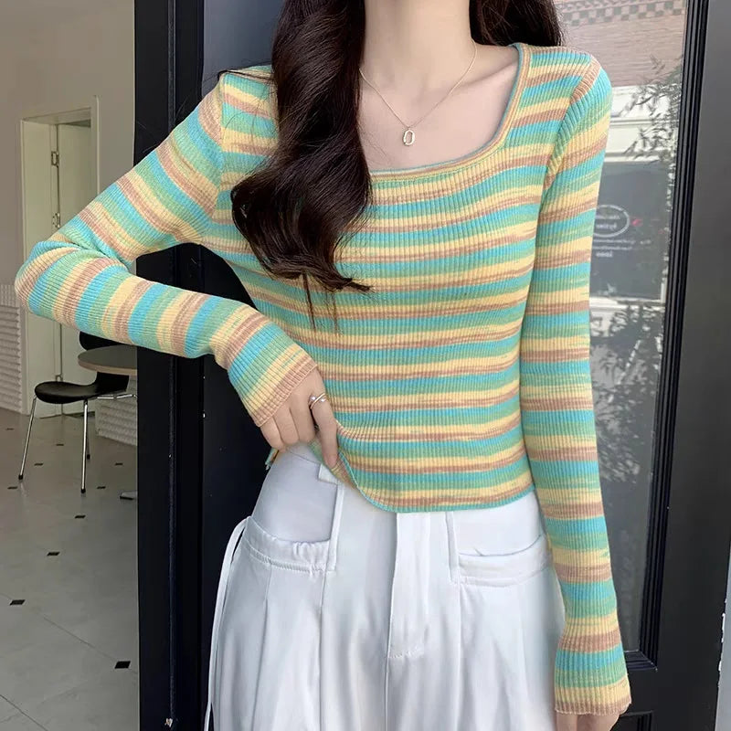 Hnewly y2k Tops Women Casual Clothes Striped Square Neck Long Sleeve Knitted T Shirts 2000s Aesthetic Clothing Streetwear
