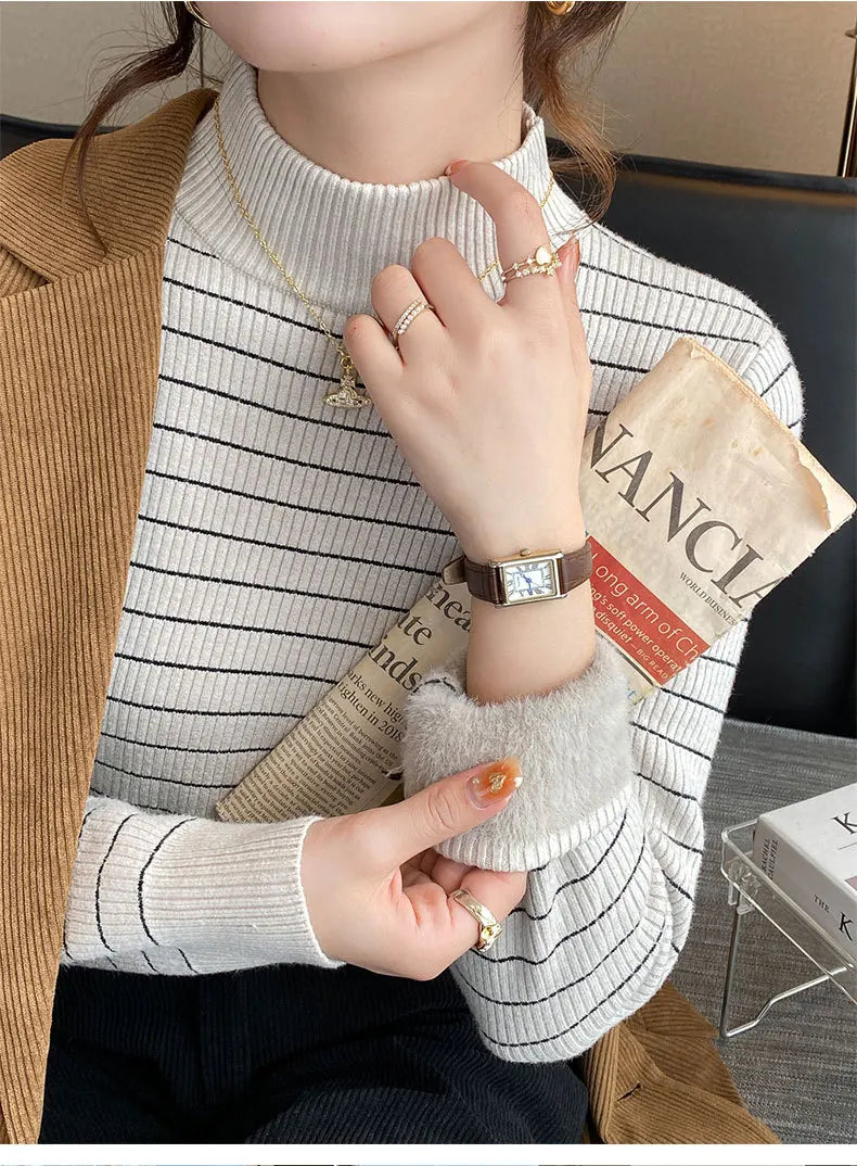 Hnewly  Half High Collar Striped Sweater Velvet Bottoming Shirts for Women's Autumn Winter Thicked Warm Pullover Slim Knitting Top