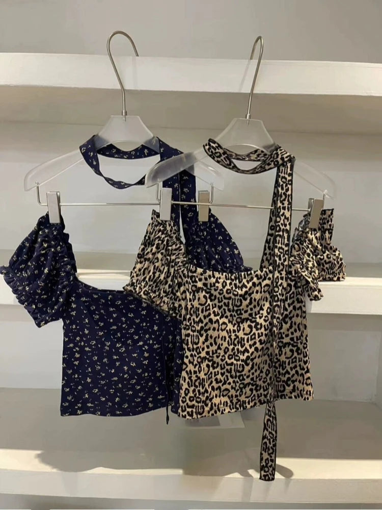 Hnewly Vintage Sexy Leopard Print T-Shirt Women Casual Harajuku 2000s Short Sleeved Y2k Crop Tops Retro Blouse Fashion Summer 2024