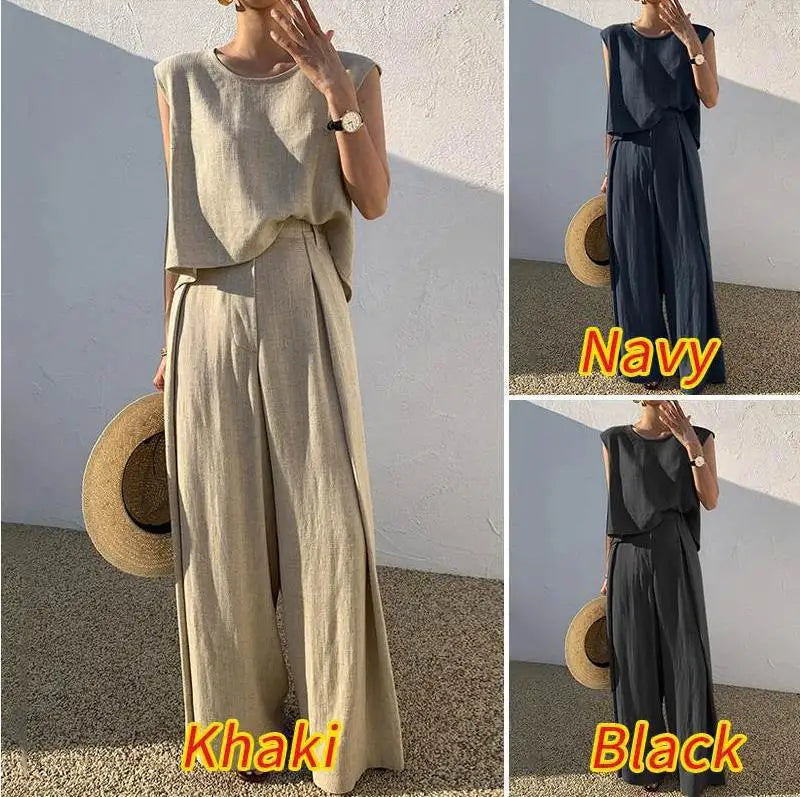Hnewly Spring Summer Solid Color Cotton Linen Two Piece Set Women Fashion Sleeveless Tops Loose Wide Legs Pants Ladies Sets New