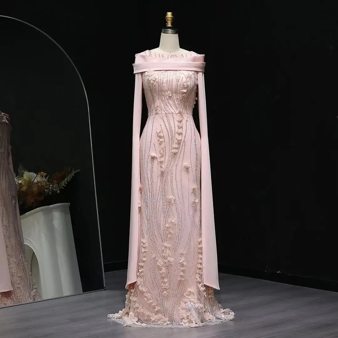 Hnewly  High Quality Elegant Women Evening Off-the-shoulder Long Sleeves Mermaid 3D Flowers Sequin Prom Beads Floor Length