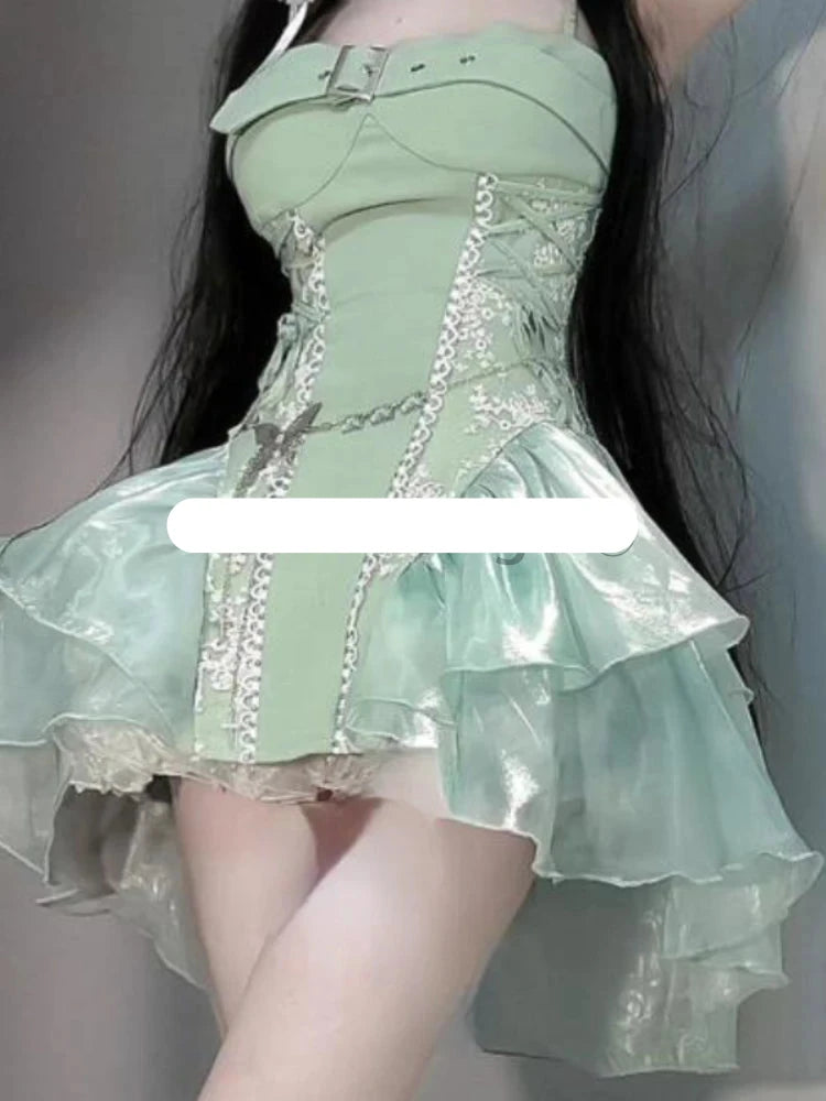 Hnewly DRESS TO IMPRESS Summer Sweet Lace Sleeveless Dress Women Ruffle Cute Skinny Backless Dresses Female Strappy Kawaii A Line Party Beach Clothing