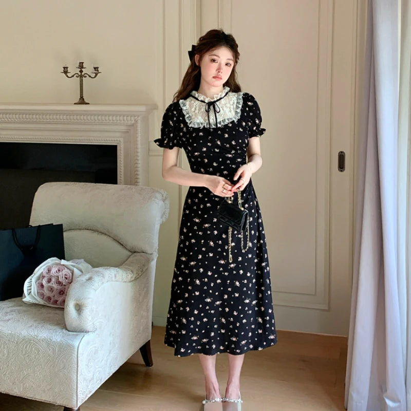 Hnewly French Elegant Floral Print Dress Women Casual Lace Patchwork Short Sleeve Black Dress Evening Party Korean Fashion Clothing