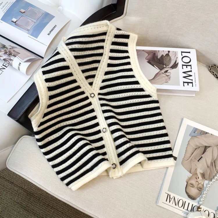 Hnewly  Spring V-Neck Striped Knitted Vest Korean Hollow Out Sleeveless Top Women's 2023 Autumn Loose All-Matched Outwear Cardigan Tank