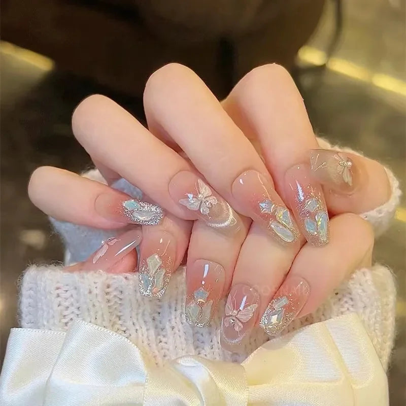 Hnewly 24Pcs False Nails French Gradient Ballet Fake Nails Press on Nails Black Heart Rhinestone Design Glitter Full Cover Nail Tips