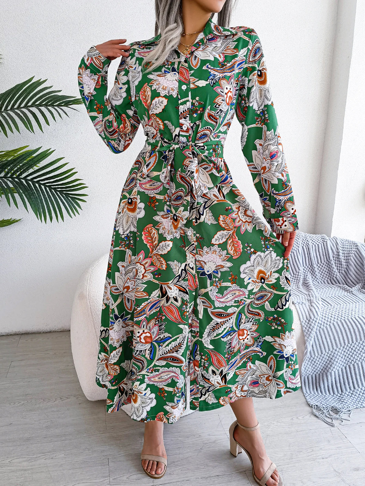 Hnewly  Vintage Floral Print Button Up Long Sleeve Maxi Shirt Dress For Fall & Spring, Women's Clothing