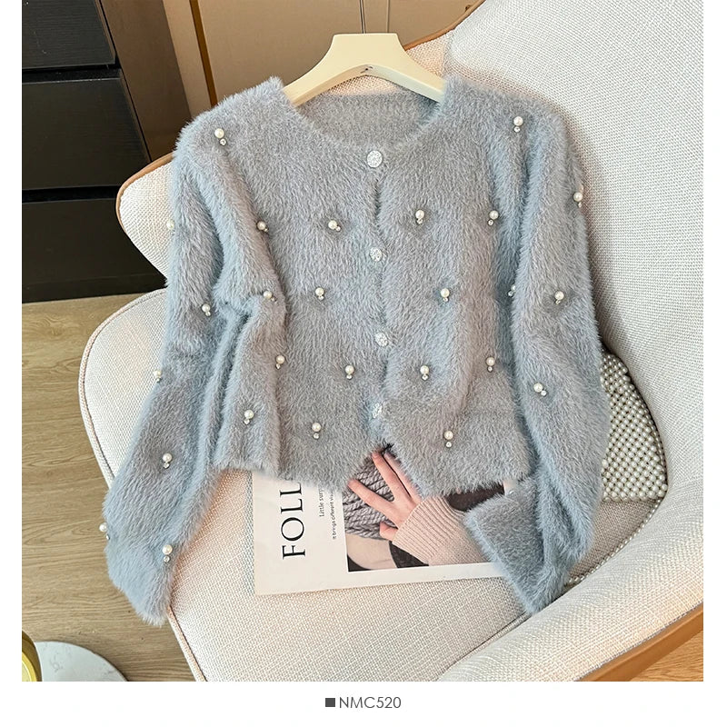 Hnewly  Beading O-Neck Plush Long Sleeved Sweater  Women's Autumn Loose Soft Glutinous Knit Cardigan Elegant Single Breasted Short Top