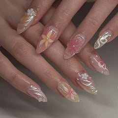 Hnewly 24Pcs 3D Flower Almond Nail Set Press on Nails with 3D Wave Drill False Nails French Tip Full Cover Artificial Nails Art Tips