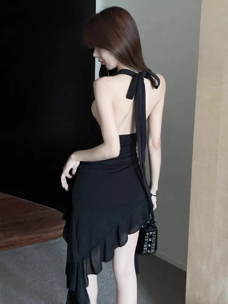Hnewly  Woman Dress Sexy Sleeveless Slim Backless Irregular Ruffles Split Summer Fashion Temperament Party Dresses Female