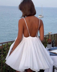 Hnewly  Women White A-line Sling Dress Chic Elegant Sleeveless Off Shoulder V-neck Pleated Mini Dresses Lady Vacation Street Gown