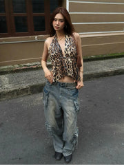 Hnewly  Leopard Sequins Women Vest Y2K Backless Halter V-Neck Lace-Up Sleeveless Street Skinny Wild Summer Trend Tank Tops