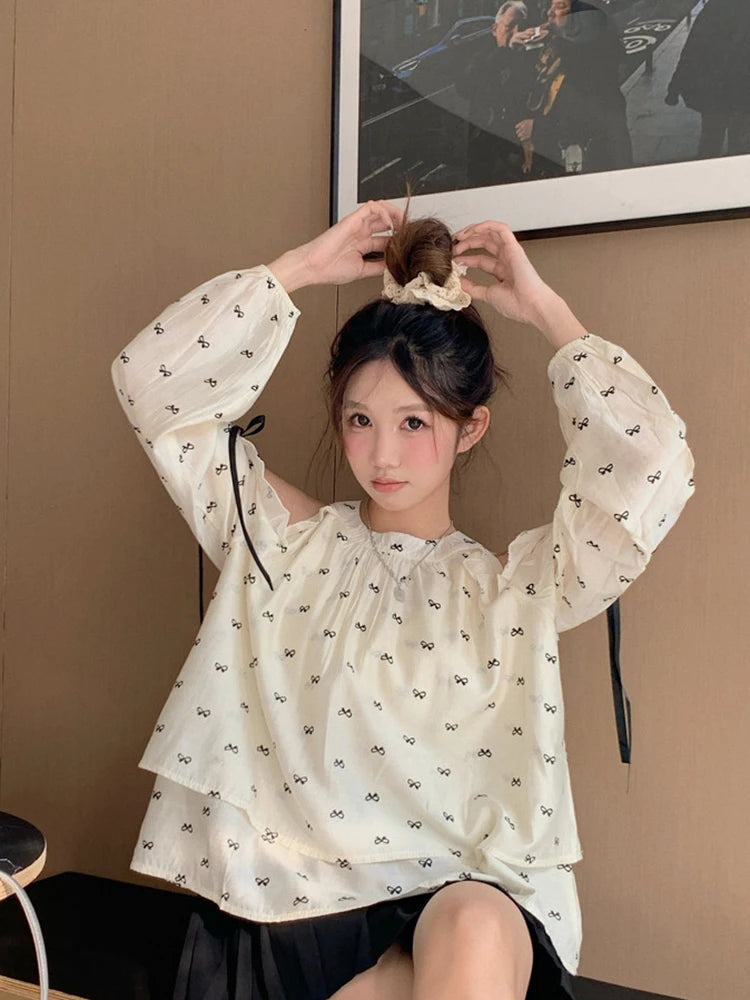 Hnewly Sweet Off Shoulder Shirt Women Long Sleeve Bow Print Loose Blouse Korean Fashion Hollow Out Elegant Female Chic Spring Tops