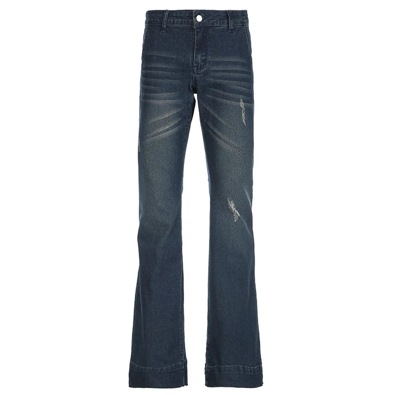 Hnewly Blue Low Rise Flare Jeans Vintage 2000s Slim-fitting Denim Pants Korean Style Women Trousers y2k Distressed Mom Jeans 90s