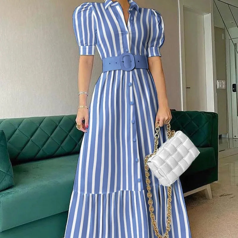 Hnewly  New Womens Summer Shirt Dress with Belt  White Green Short Sleeve Eelegant Long Dresses Clothing for Woman