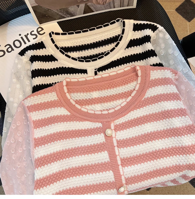 Hnewly  Striped knitted Sweater For Women's Spring Autumn French Elegant Round Neck Long Sleeved Patchwork Chiffon Loose All-Matched Top