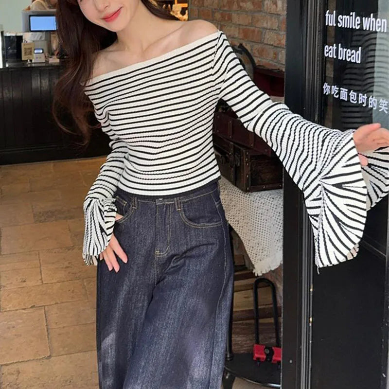 Hnewly y2k Knit Top Women Clothes Elegant Striped Off Shoulder Flared Long Sleeve T Shirt 2000s Aesthetic Clothing Streetwear