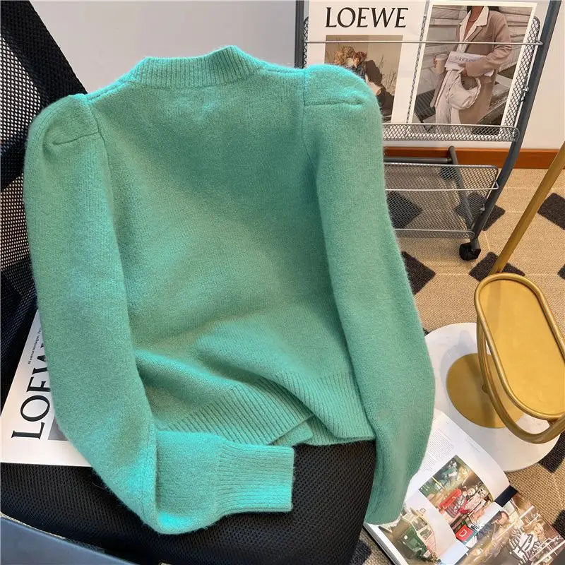 Hnewly  Elegant Metal Button Sweater Solid Long Sleeve Korean  O-Neck Puff Sleeve Knit Cardigan Coat Women Spring  Autumn Loose Top