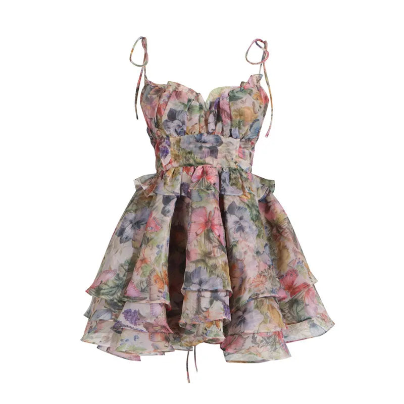 Hnewly Fashion Printed Dress Women's Sleeveless Bow Lace Up Waist Retraction A Line Dresses 2025 Summer New Tide