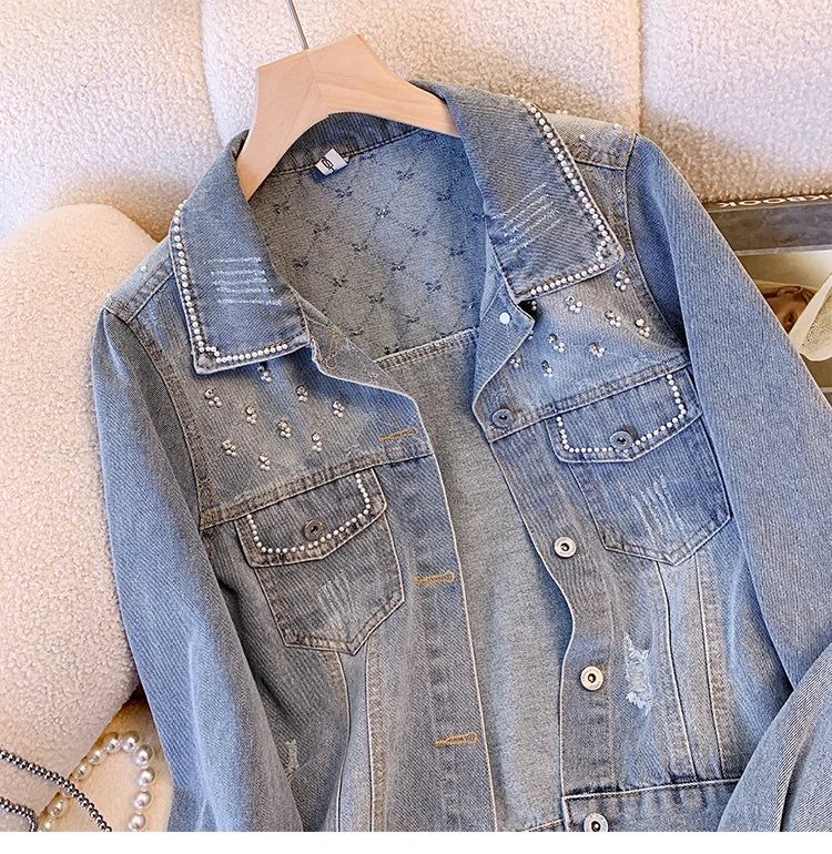 Hnewly  Women Denim Jacket Spring Autumn 2025 New Popular Sweet Luxury Beaded Short Top Loose Long Sleeve Lapel Single Breasted  Coat