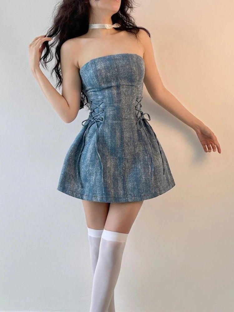 Hnewly  Y2k Aesthetic Denim A-Line Strapless Dress Streetwear Vintage Bandage Mini Vestidos Harajuku Women Sexy Backless Grunge Dresses