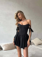 Hnewly  Elegant Women Dress Halter Lace Up Fish Bone Slim Ruched Hem A-line Solid Female Dresses Summer Party Chic Lady Short Robe
