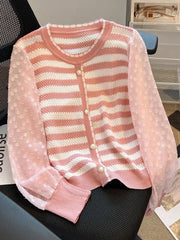 Hnewly  Striped knitted Sweater For Women's Spring Autumn French Elegant Round Neck Long Sleeved Patchwork Chiffon Loose All-Matched Top