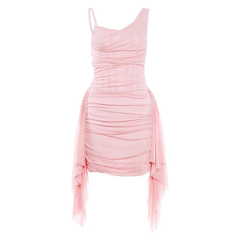 Hnewly  Streetwear Gauze Irregular Ruffled Slip Dress Y2k Aesthetic Bodycon Pleated Mini Vestidos Harajuku Vintage Grunge Woman Dresses