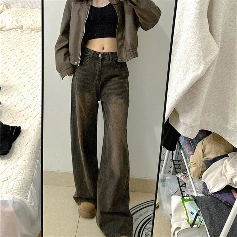Hnewly Women's Vintage Brown High Waisted Jeans Street Style Girl Wide Leg Bottoms Loose Pants Female Fashion Denim Trousers