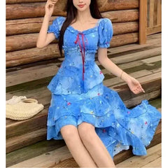 Hnewly  Plus Size Floral Print Summer Dress Women's Vacation Style Asymmetrical Hem Empire Waist Slimming Skirt Ankle Length Short Sleev