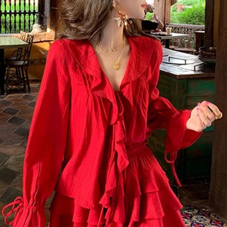 Hnewly DRESS TO IMPRESS Elegant V-neck Ruffles Long Sleeve Tops Women+ Y2k E-Girl High Waist Ruched A-line Skirts Spring New Red Two Piece Sets