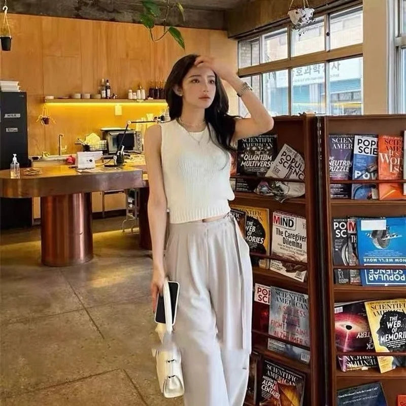Hnewly Sweater Vests Women Backless Sexy Summer Club Style Korean Femme Solid Stretchy All-match Casual Slim Simple Crops Knitting Cozy
