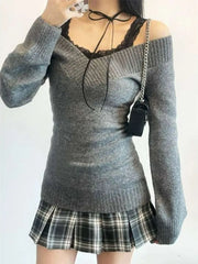 Hnewly  Lazy Retro V-neck Off Shoulder Sweater for Women Autumn Winter New Knitted Tops Mujer Y2k Slim Fit Long Sleeve Pullovers