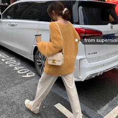 Hnewly  Fuzzy Mohair Knit Sweater Pullover Women Cozy Long Sleeve V-Neck Plain Jumper Soft Knitwear Teen-girl Fall Winter Casual Outfit