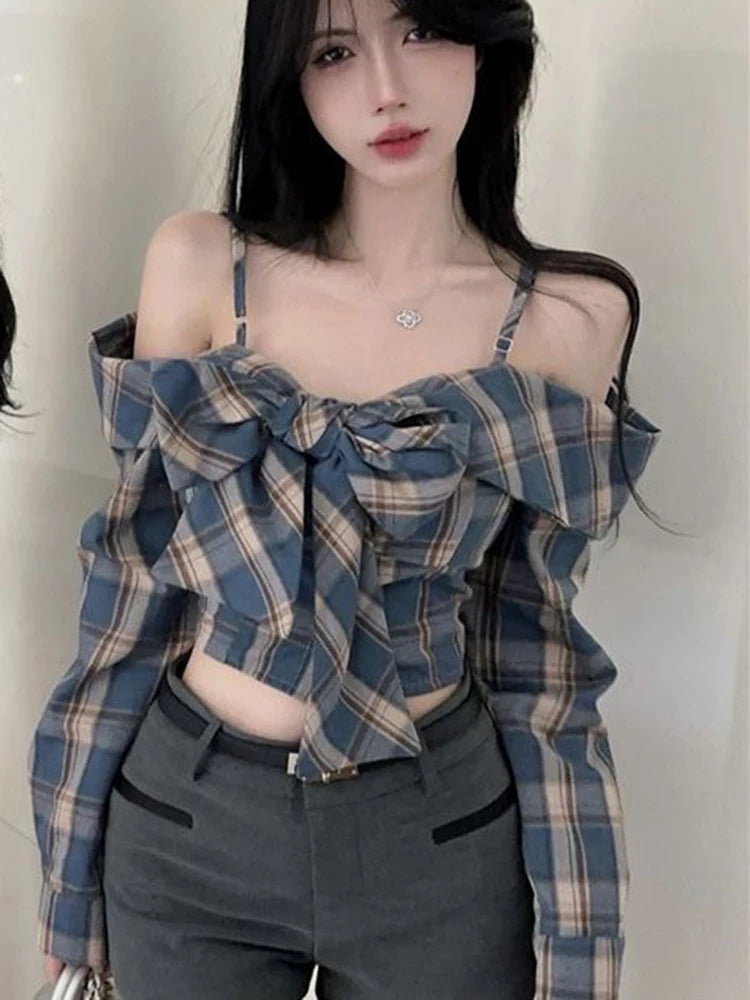 Hnewly Off Shoulder Bow Plaid Shirt Women Long Sleeve Slim Vintage Blouse Sexy Cropped Korean Female Sweet Retro Tops New Spring