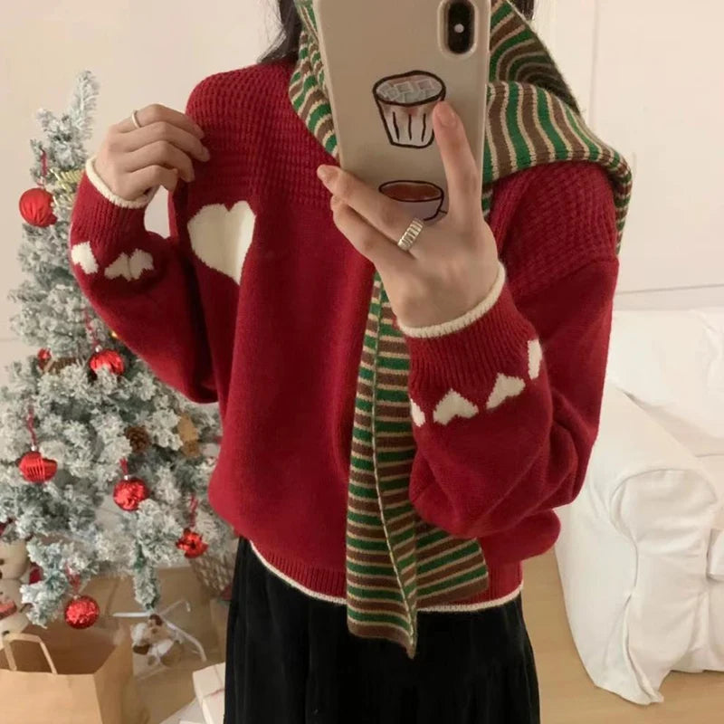 Hnewly y2k Sweaters Women Christmas Clothes Heart Print Round Neck Long Sleeve Knitted Pullover Tops 2000s Aesthetic Clothing