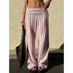 Hnewly  Women's Y2k Striped Long Pants Side Drawstring Bow Tied Low Waist Baggy Wide Leg Beach Trousers Wide Belted Bottoms
