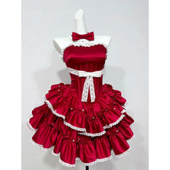 Hnewly  Summer New Red Satin Strapless Lolita Dress Women Lace Trim Tiered Ruffle Bow Party Mini Ball Gown Cosplay Costume
