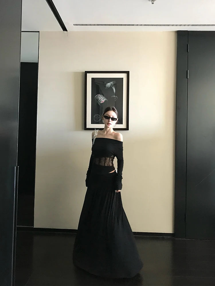 Hnewly French Elegant 2 Piece Skirts Sets Women Korean Clothing Y2k Crop Top T-shirts + Midi Skirts Thin Vintage Suits Office Lady Chic