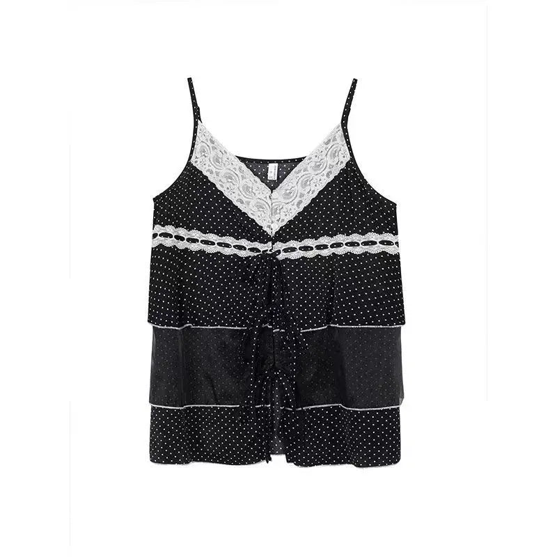 Hnewly  Vintage New Fashion Loose Sling Design Casual Lace Polka Dot Patchwork Vest Women Summer Thin V-neck Retro Hot Girl Tops