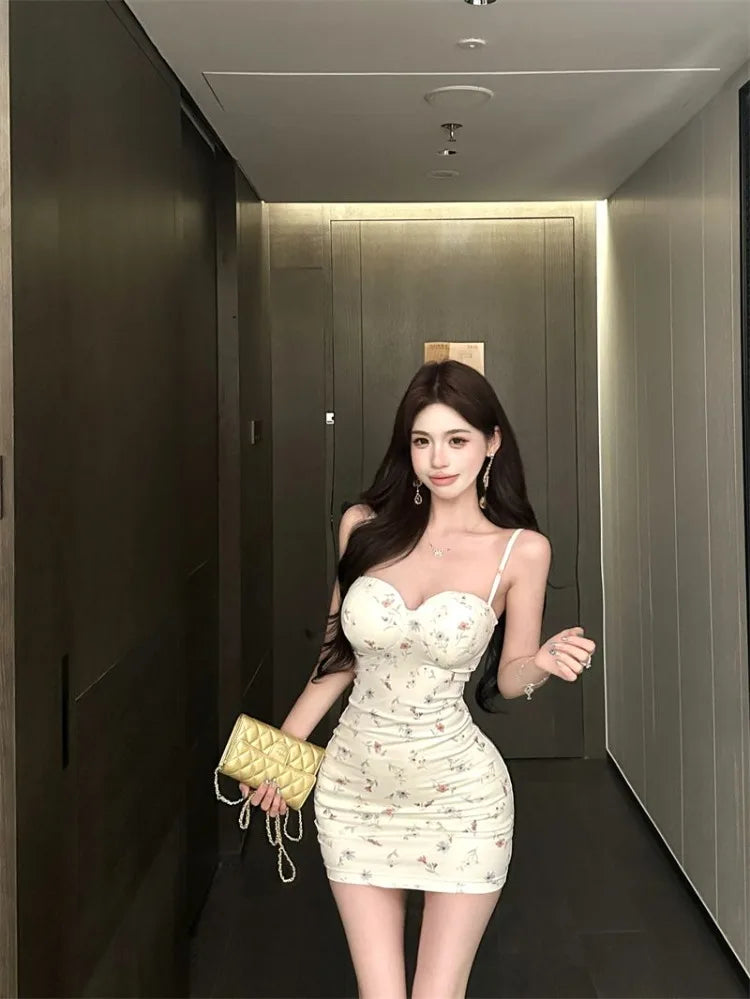 Hnewly  Woman Dress Sexy Sleeveless Floral Printed Slim Slash Neck Backless Vintage Elegant Party Mini Dresses Female Fashion