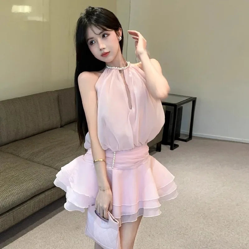 Hnewly  Mini Dresses Women Pearl Halter Sleeveless Bandage Slim Backless Hollow Out Sweet Elegant Party Dress Female Casual
