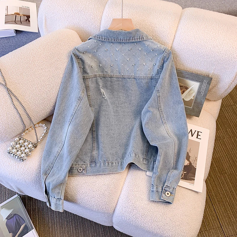 Hnewly  Women Denim Jacket Spring Autumn 2025 New Popular Sweet Luxury Beaded Short Top Loose Long Sleeve Lapel Single Breasted  Coat