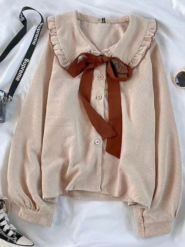 Hnewly spring birthday outfit Korean Girl Kawaii Suits Peter Pan Collar Tie Fashion Shirt High Waist + Slim Double Fungus Edge Retro Skirt Elegant Set