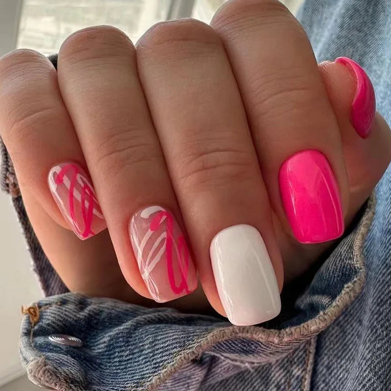 Hnewly 24Pcs Press On Nails Simple French Colorful Wavy Abstract Line Fake Nails Full Cover Nail Art Tips Coffin Square Head False Nail