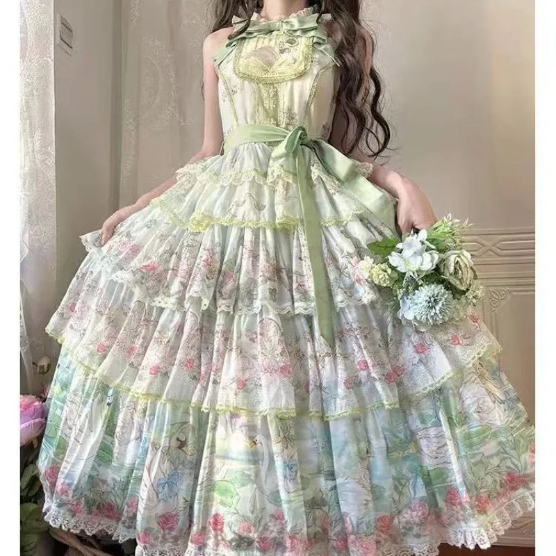 Hnewly  Original Sweet Lolita Swan Lake Printed Jsk Dress Elegant Lady Bow Lace Kawaii Dresses Japanese Fresh Princess Long Dress