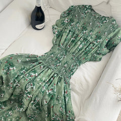 Hnewly  Elegant Vacation-style Green Floral Dress with Stretch Waist Cinching Full-length Dress Korean Fashion Short Sleeve Summer Dress