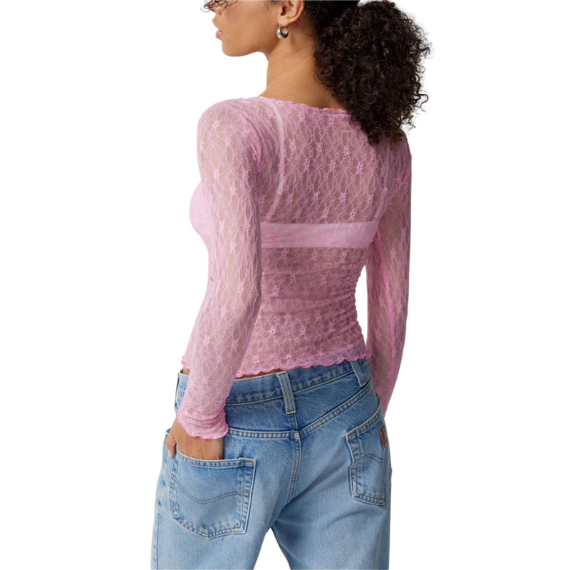 Hnewly Lace Tops for Women y2k Clothes Sheer See Through Round Neck Long Sleeve Ruched T Shirt 2000s Clothing Party Clubwear
