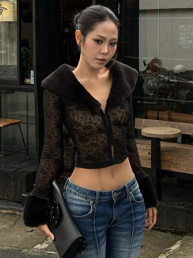 Hnewly  Cutenew Furry Patchwork T-Shirt Women Coquette Sexy Jacquard V-Neck Full Sleeve Stretch Skinny Midnight Trend Club Streetwear