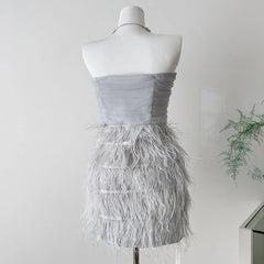 Hnewly  Fashion Women's Sexy Strapless Tube Top Bodycon Sleeveless Tassel Mini Party Dress Zip Up Grey Short Dress